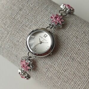 Nine West Bracelet Watch Silver Pink Flower Rhinestone Womens Sample Only NEW